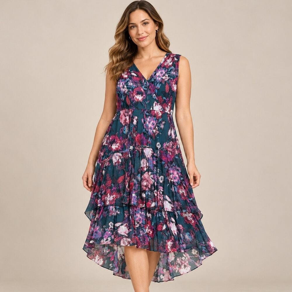 Lane Bryant Dress Women's Plus 18 Green Pink Mid Hi-Low Sleeveless Tiered NWT